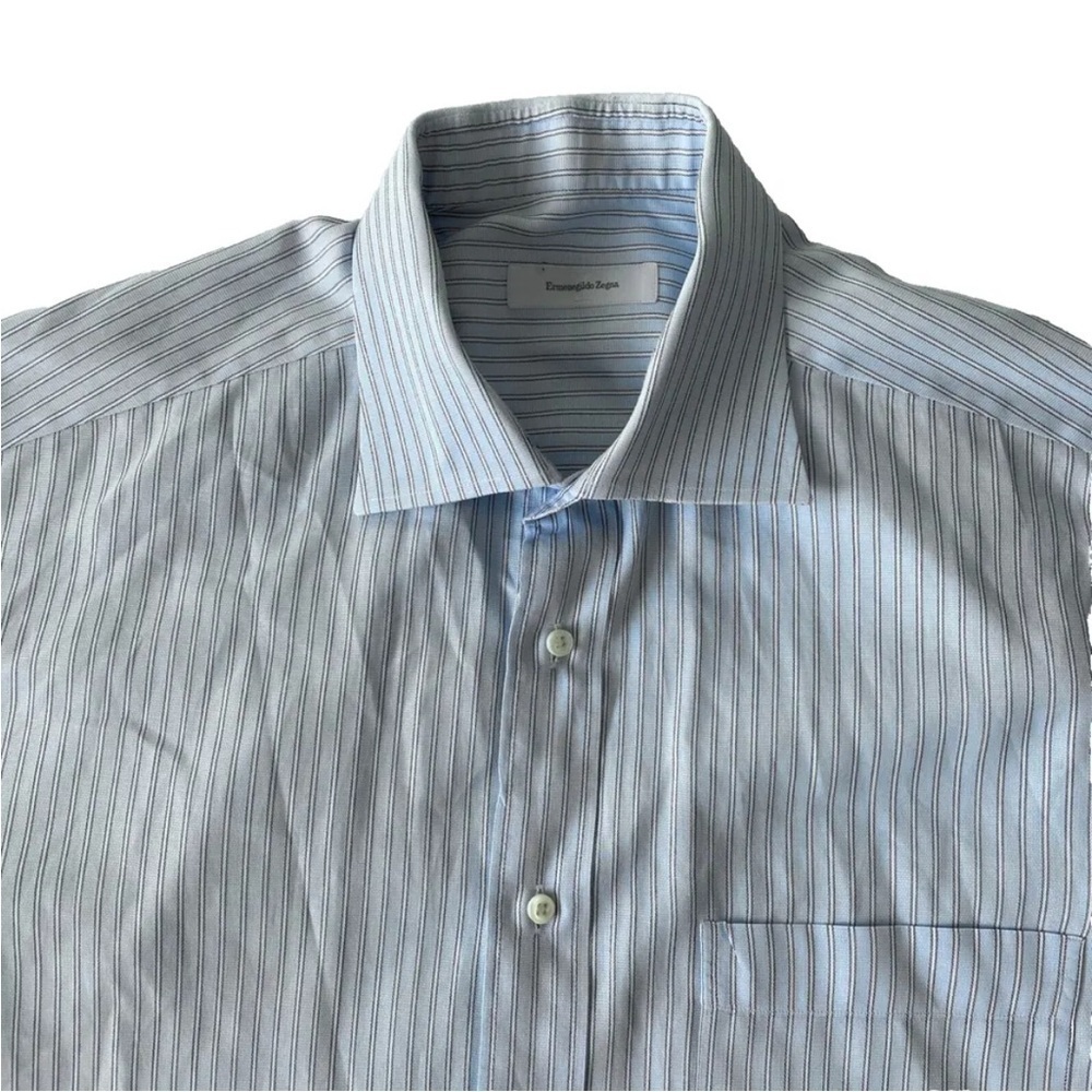 Ermenegildo Zegna Men's 43/17 Portofino Comfort Stripe Button Up Shirt Blue
